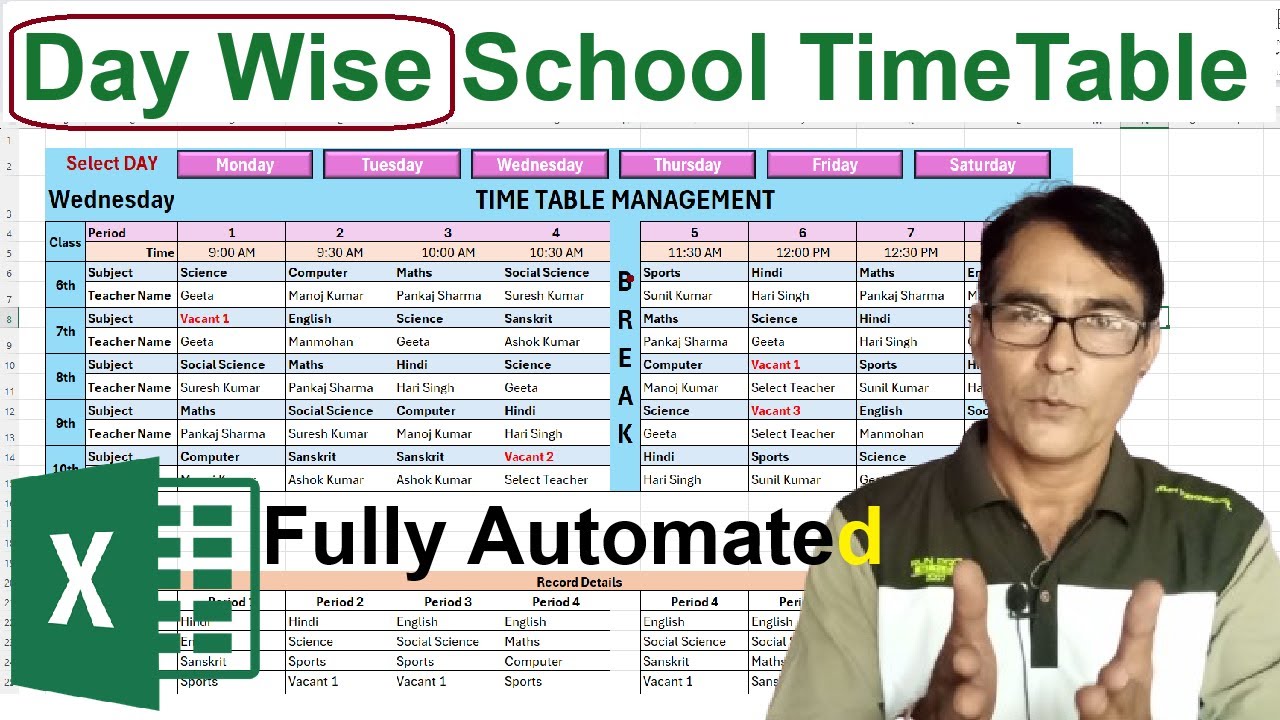 Day Wise Automated School Teacher Time Table Using Excel Sheet | How to make School Timetable