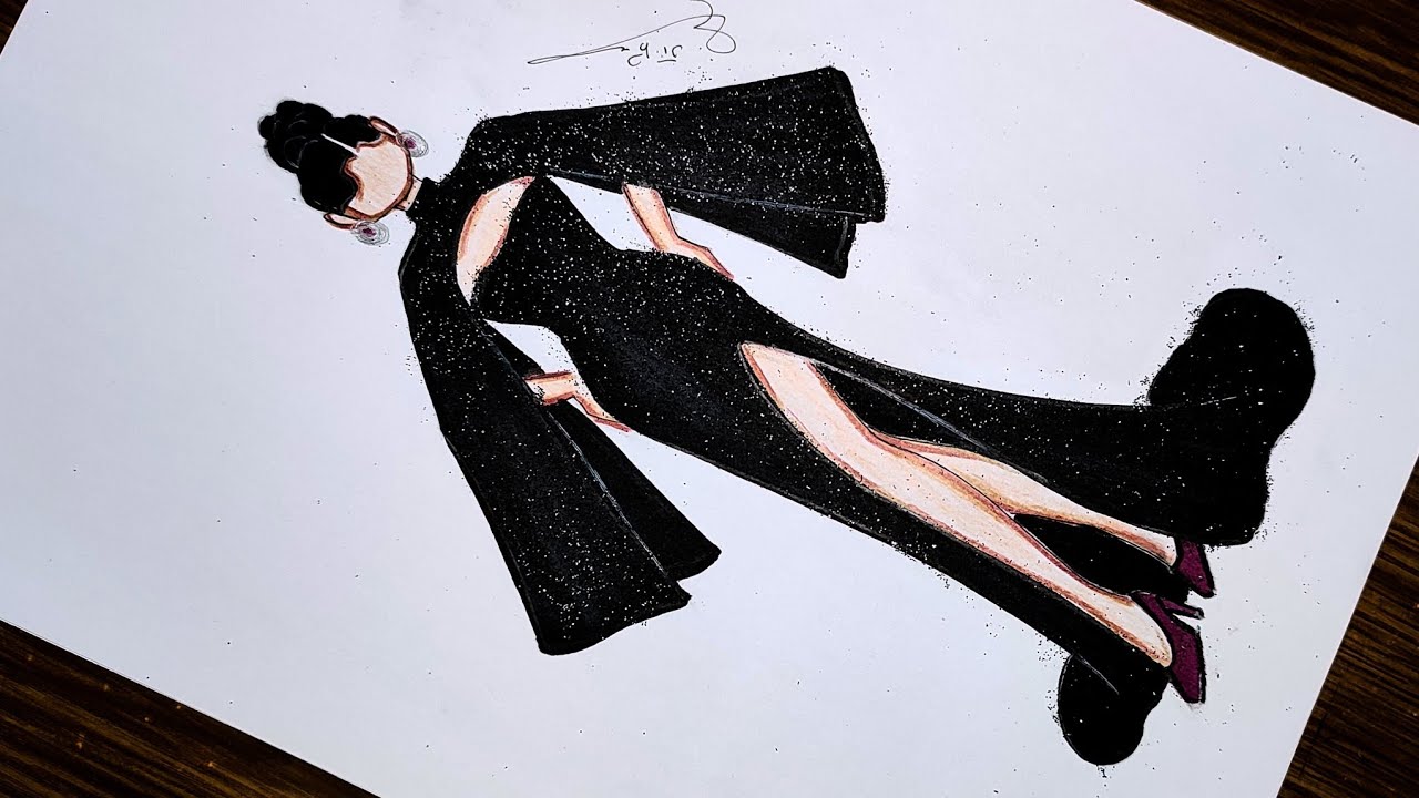 رسم فستان سهرة جميل باللون الاسود 🖤✨ | رسم فساتين| تعليم رسم الأزياء للمبتدئين 