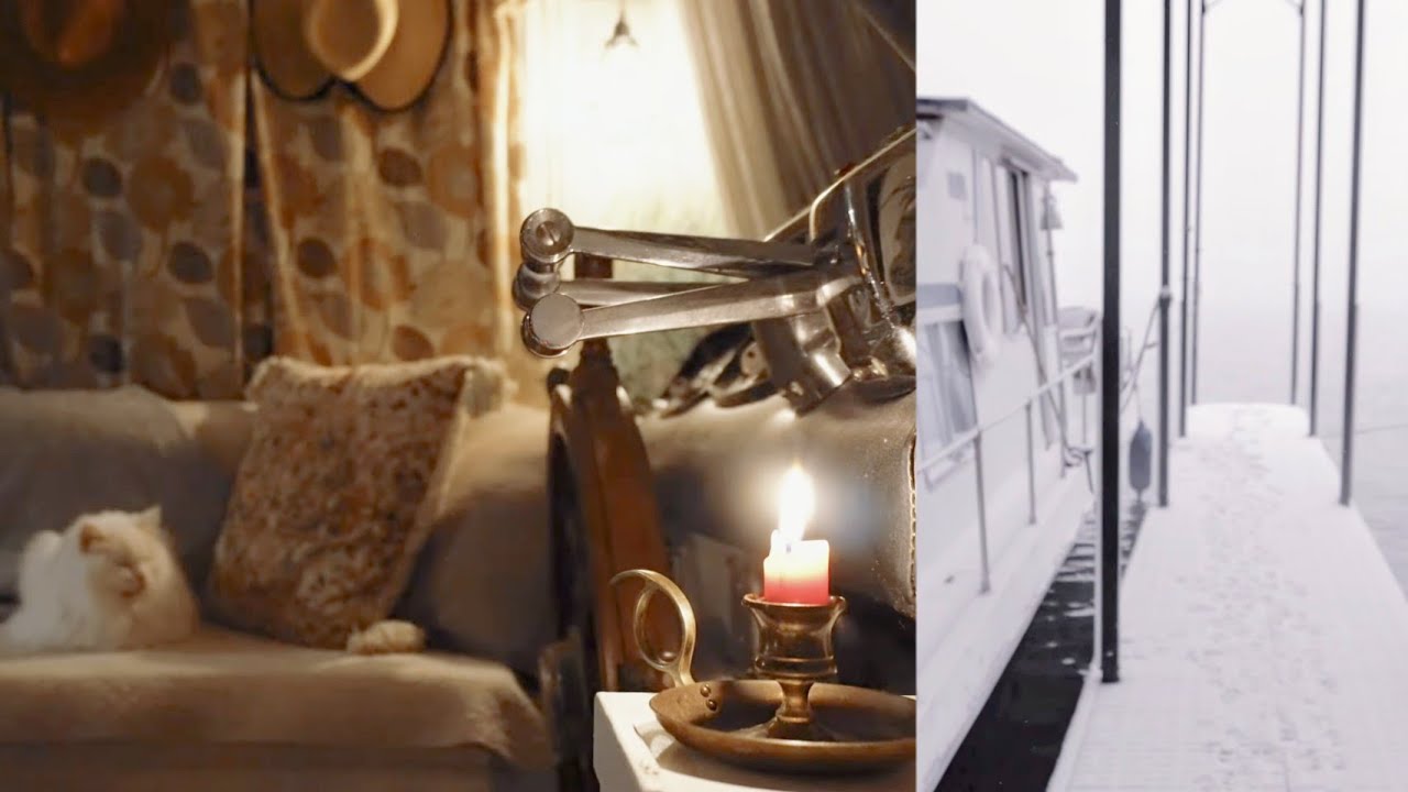 A beautiful snowstorm hits my cozy boat| No Talking | Hygge Slow living Silent Vlog