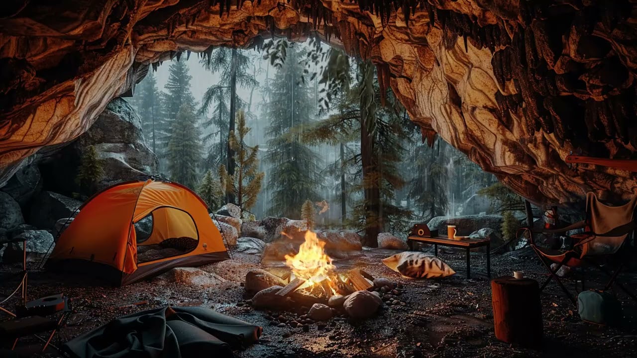 3 Stunden Regenwald ASMR – Einschlafen in der Höhle mit Feuerknistern Deutsch