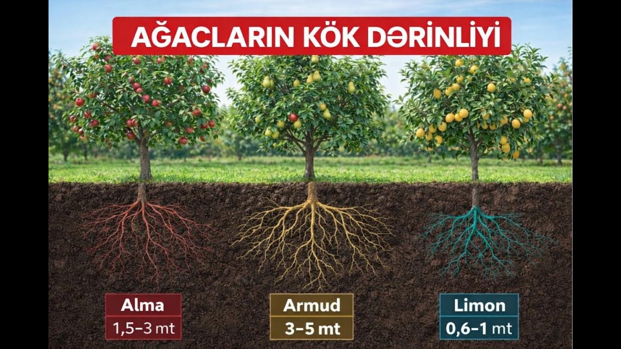Meyvə ağaclarının kök dərinliyi.Ağac əkməzdən əvvəl mütləq izləyin.