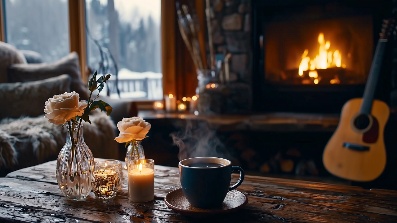 Gentle Guitar for Sleep | Cozy Fireplace Night & Soft Coffee Ambience (2 Hours)