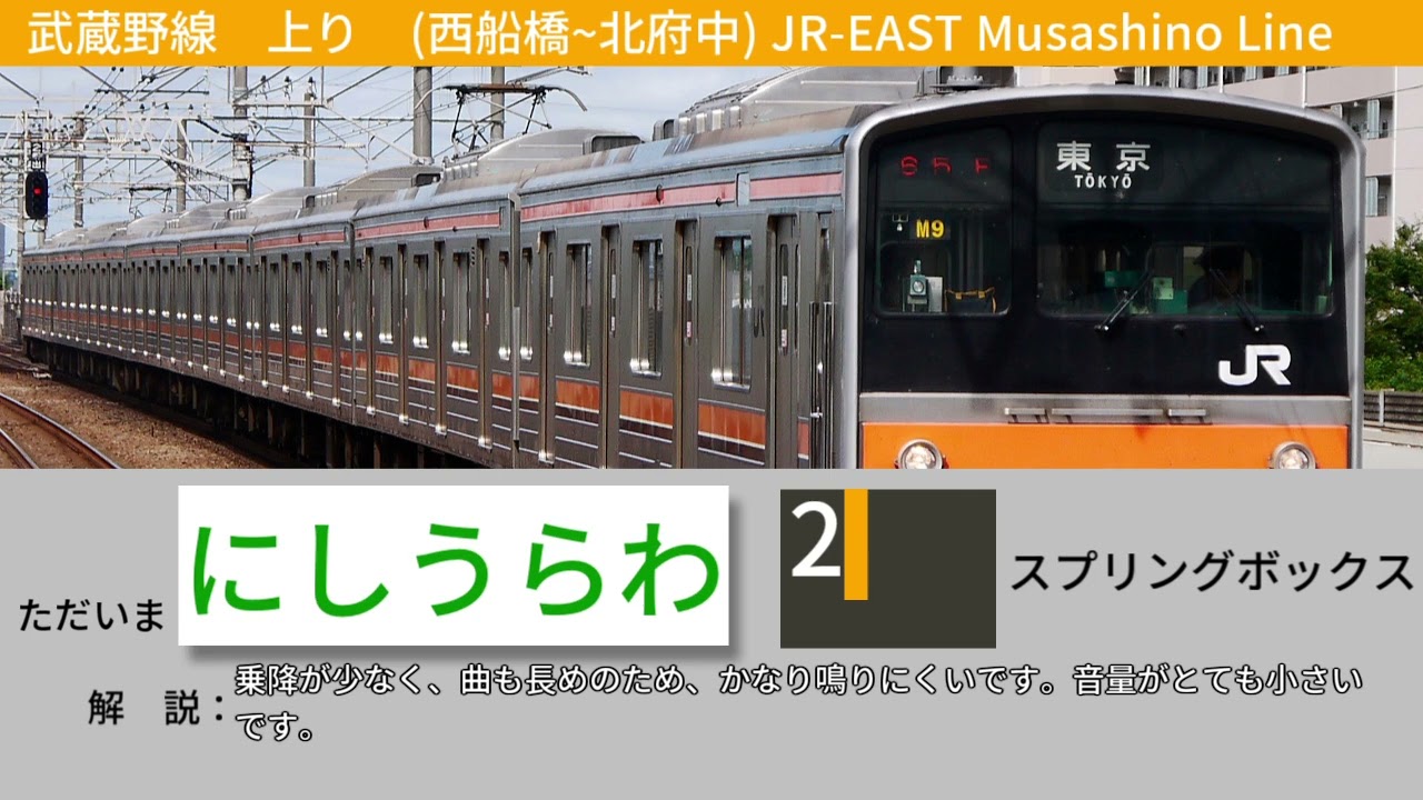 武蔵野線　上り　発車メロディー集(西船橋~北府中)(新曲導入前)