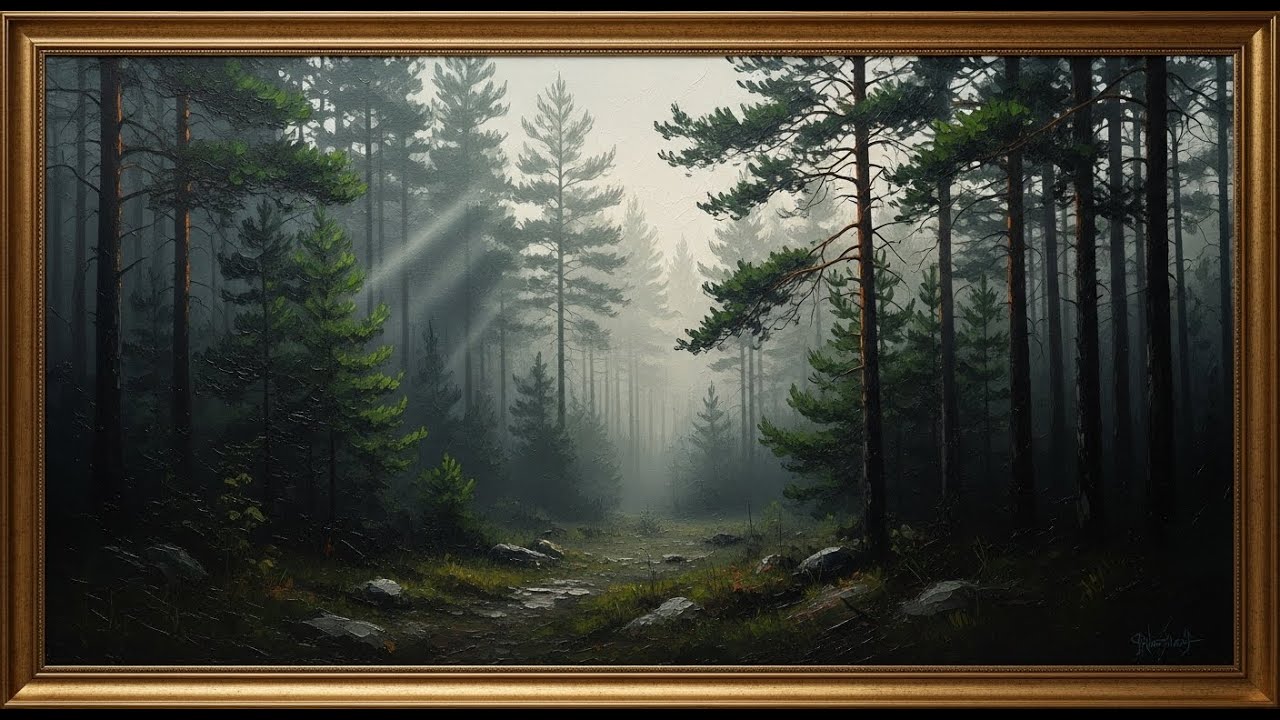 Frame TV Art with Music: Misty Pine Forest & Sunbeams | Samsung Frame TV Art | Moody Nature Painting