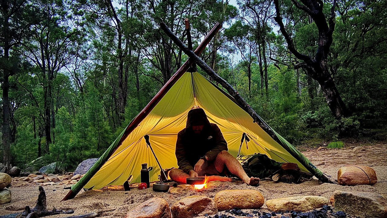 Solo Wilderness Adventure, Rainy Night and Bushcraft Tarp Shelter ASMR