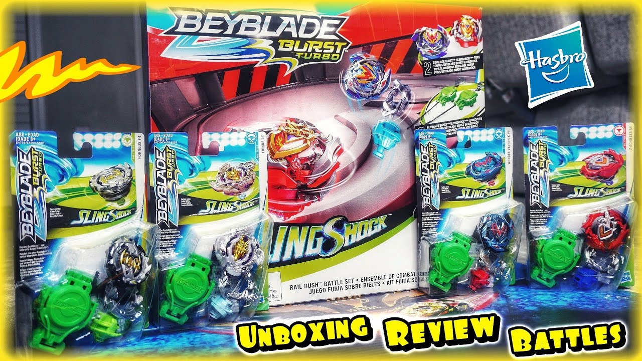 BEYBLADE BURST TURBO vs SUPER Z/CHO-Z Beys in the Hasbro RAIL RUSH SlingShock Stadium! Beyblade TOYS