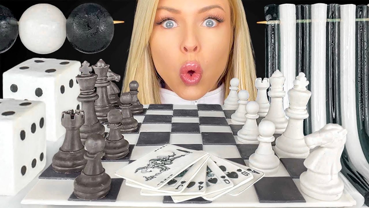 ASMR WHITE & BLACK DESSERT, CHOCOLATE CHESS BOARD, EDIBLE CARDS, DICE, OREO, LEMON JELLO MUKBANG 먹방
