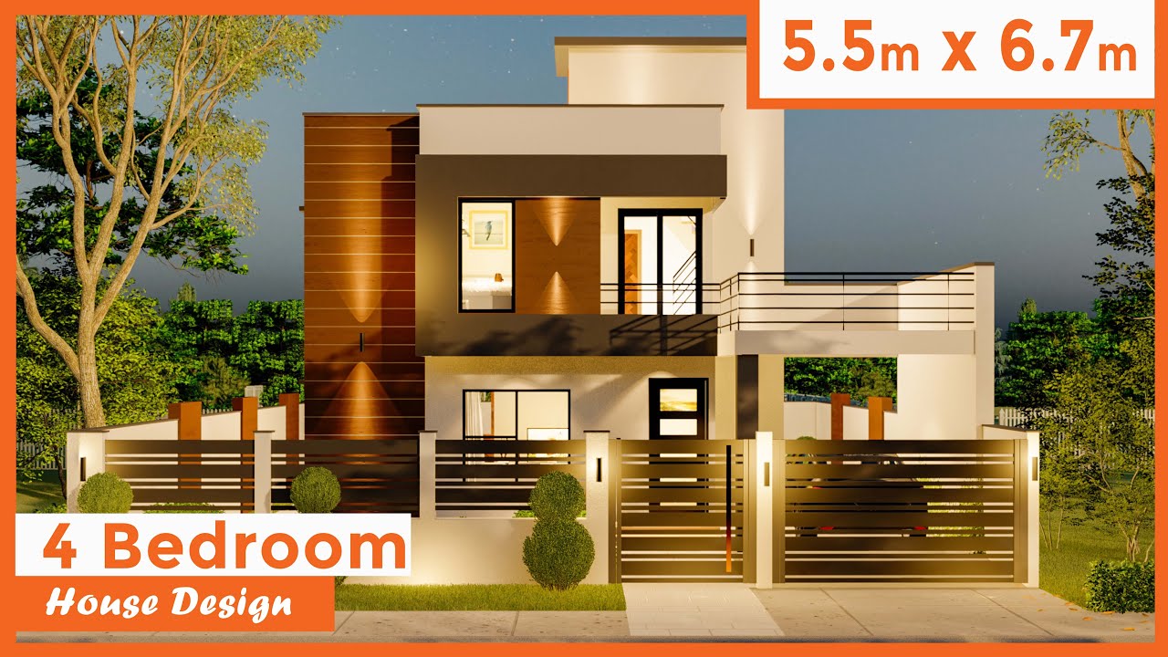 4 Bedrooms Modern House Design with roof deck 5.5 by 6.7 meters (18 by 22ft),  (86 sq mt /926 sq ft)