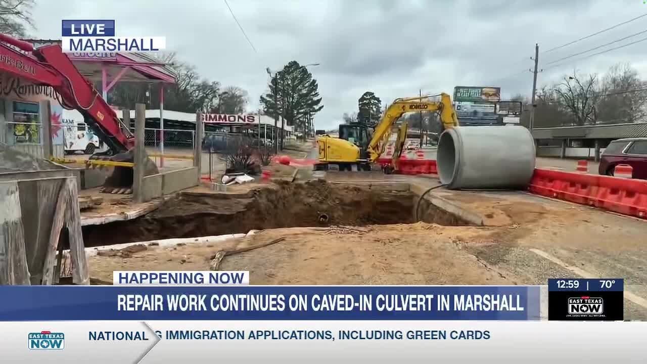 Repair work continues on caved-in culvert in Marshall