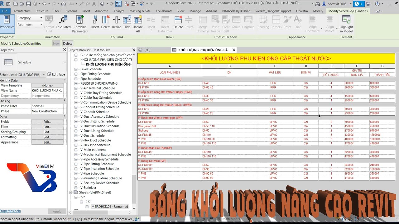 Tạo Bảng Khối Lượng Chi Tiết Và Nâng Cao Trong Revit/ Create Advanced Schedule/Quantities in Revit