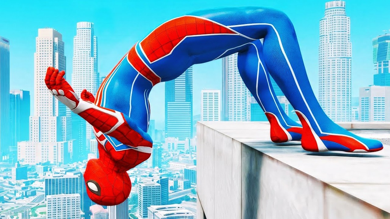 SPIDERMAN CRAZY JUMPS/FALLS (Spider-Man Gameplay Fails in GTA 5) #38
