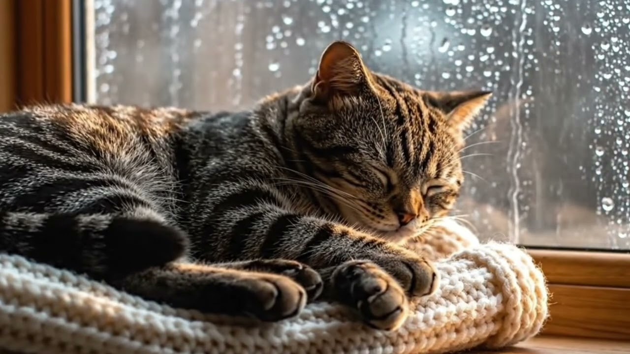 Cozy Rainy Day with a Sleeping Cat 🌧️ 1 Hour Relaxing Rain Sounds for Sleep & Study