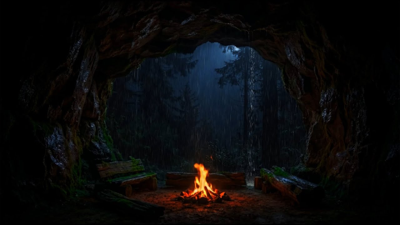 🔴 LIVE Sleeping in a Forest Cave 🌧️ Heavy Rain Sounds for Deep Sleep & Relaxation
