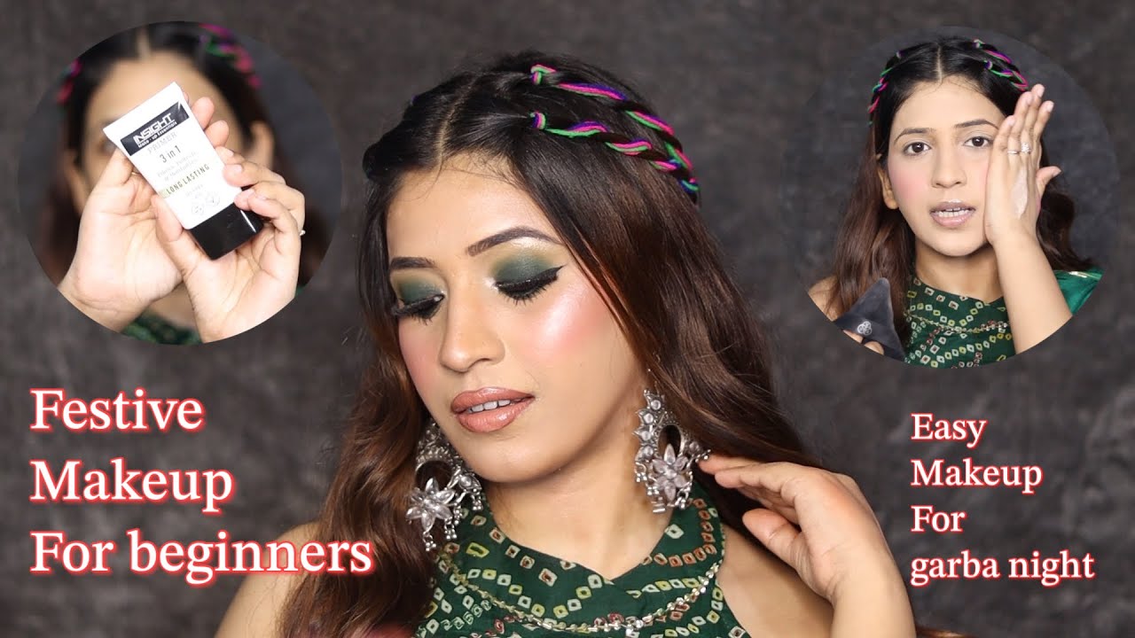 INDIAN FESTIVE MAKEUP TUTORIAL FOR BEGINNERS ✅| GARBA NIGHT MAKEUP | GREEN SMOKEY EYESHADOW STEPS
