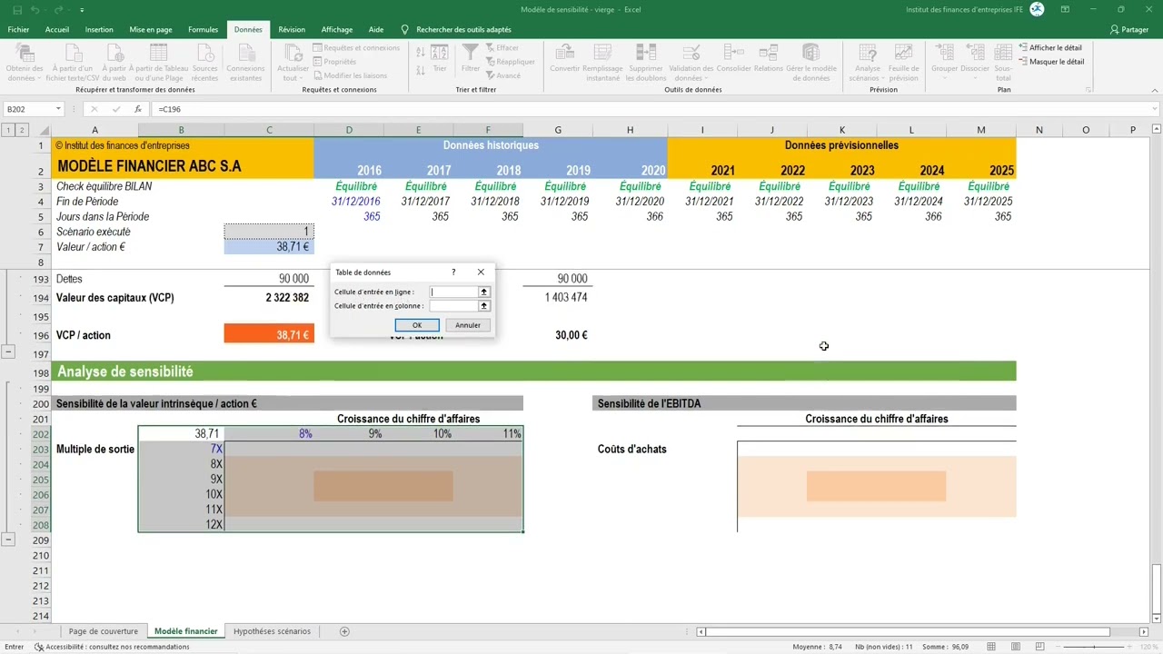 Calculs de la sensitivity analysis (analyse de sensibilité) dans Excel - IFE