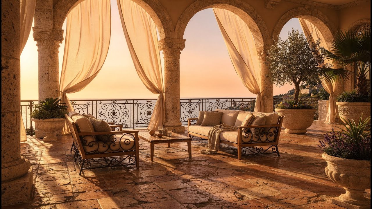 Luxury Mediterranean Terrace at Sunset 🌿 | Calm Ambient Music for Relaxation, Focus&Peaceful Moments