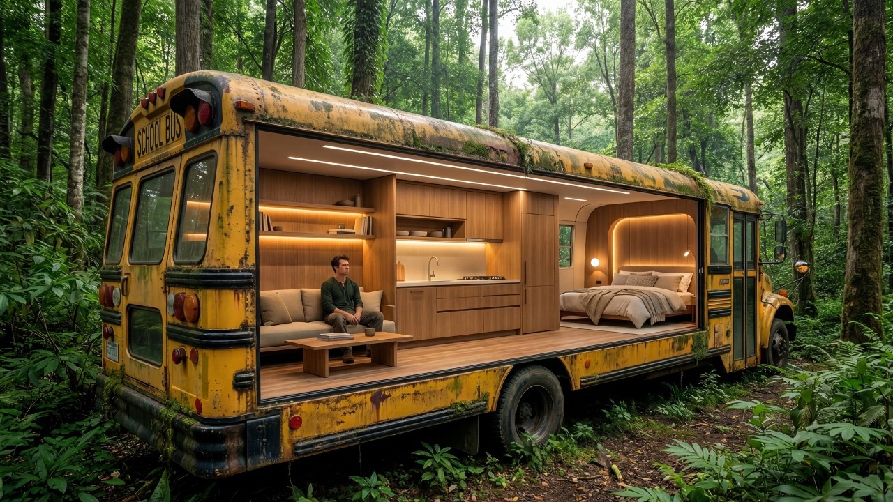 This Man Turned an Abandoned Bus into a Secret HIDDEN Home Deep in the Forest (ASMR) (#2)