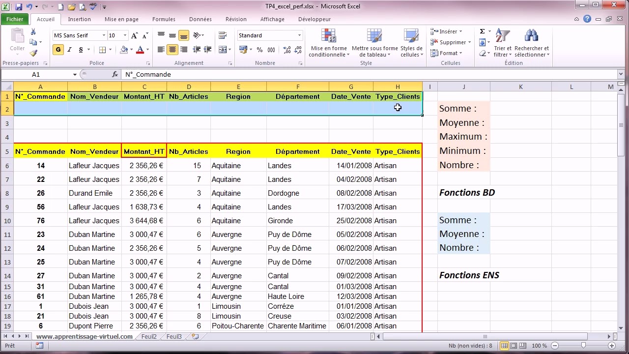 TP Excel n°9 : Maîtriser les fonctions de Base de Données (BDSOMME, BDMOYENNE...)