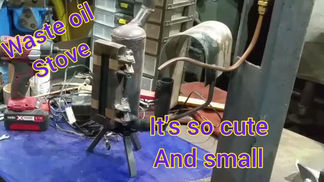 tiny homemade diy waste oil heater, striped down and fire up