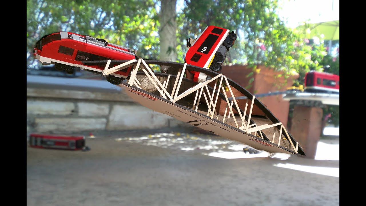Lego train collision on an Arch Bridge