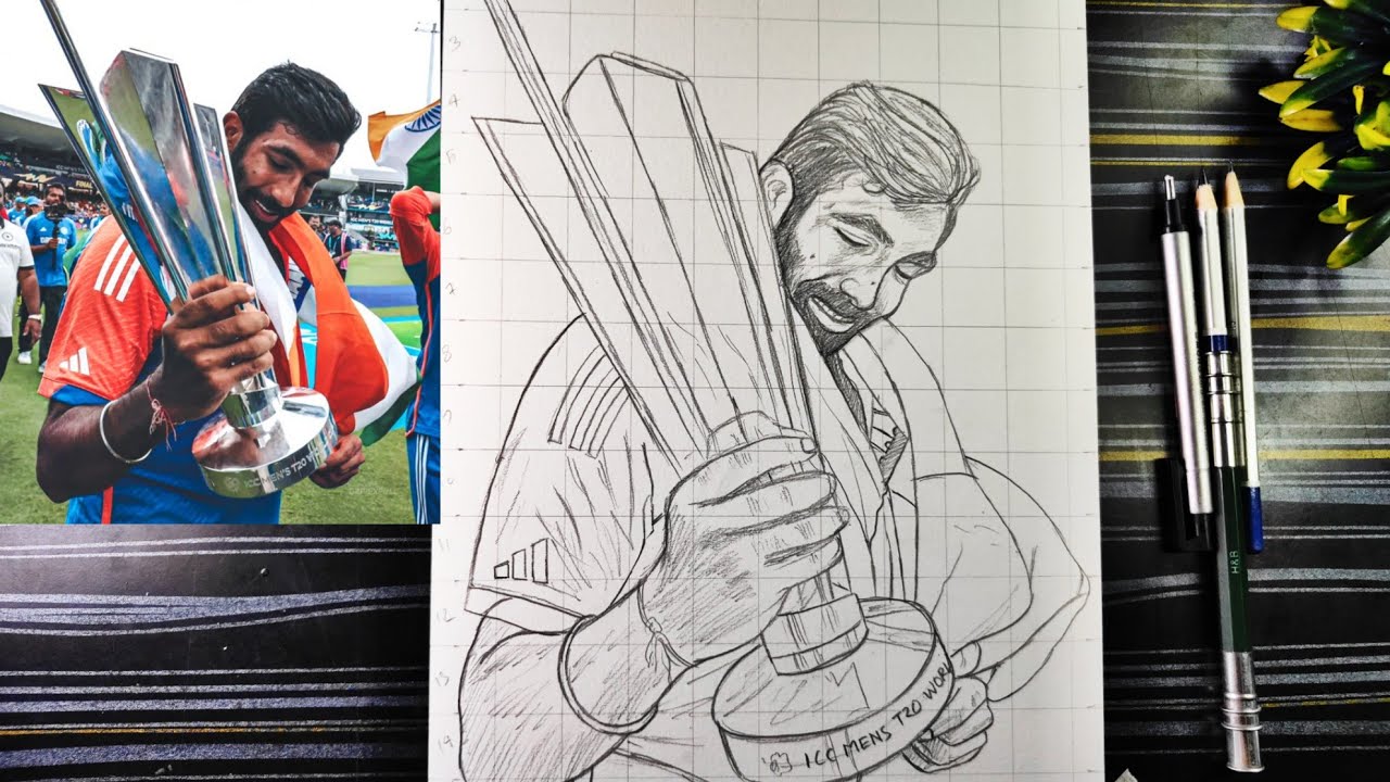 Jasprit Bumrah drawing with T20 Champions 🏆🇮🇳, How to draw Jasprit Bumrah, Outline tutorial