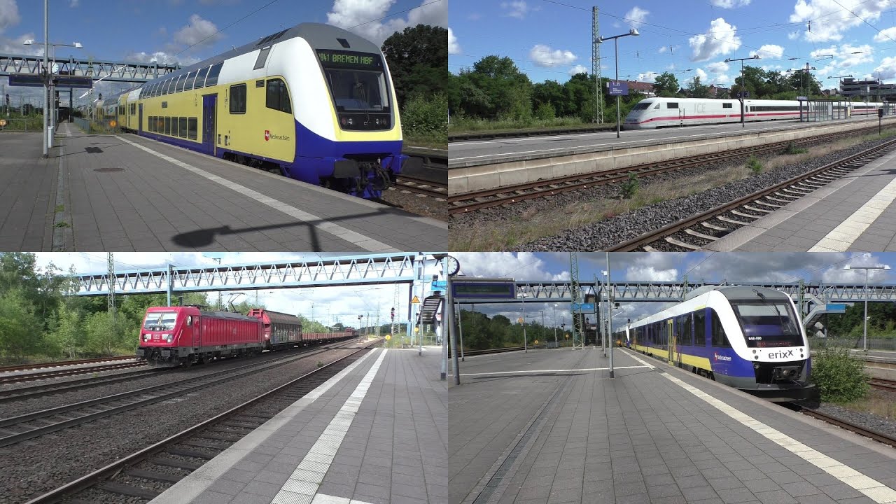 Bahnverkehr in Buchholz(Nordheide) mit Metronom Br 146, ICE 1, Intercity, Erixx Br 648 und Güterzug