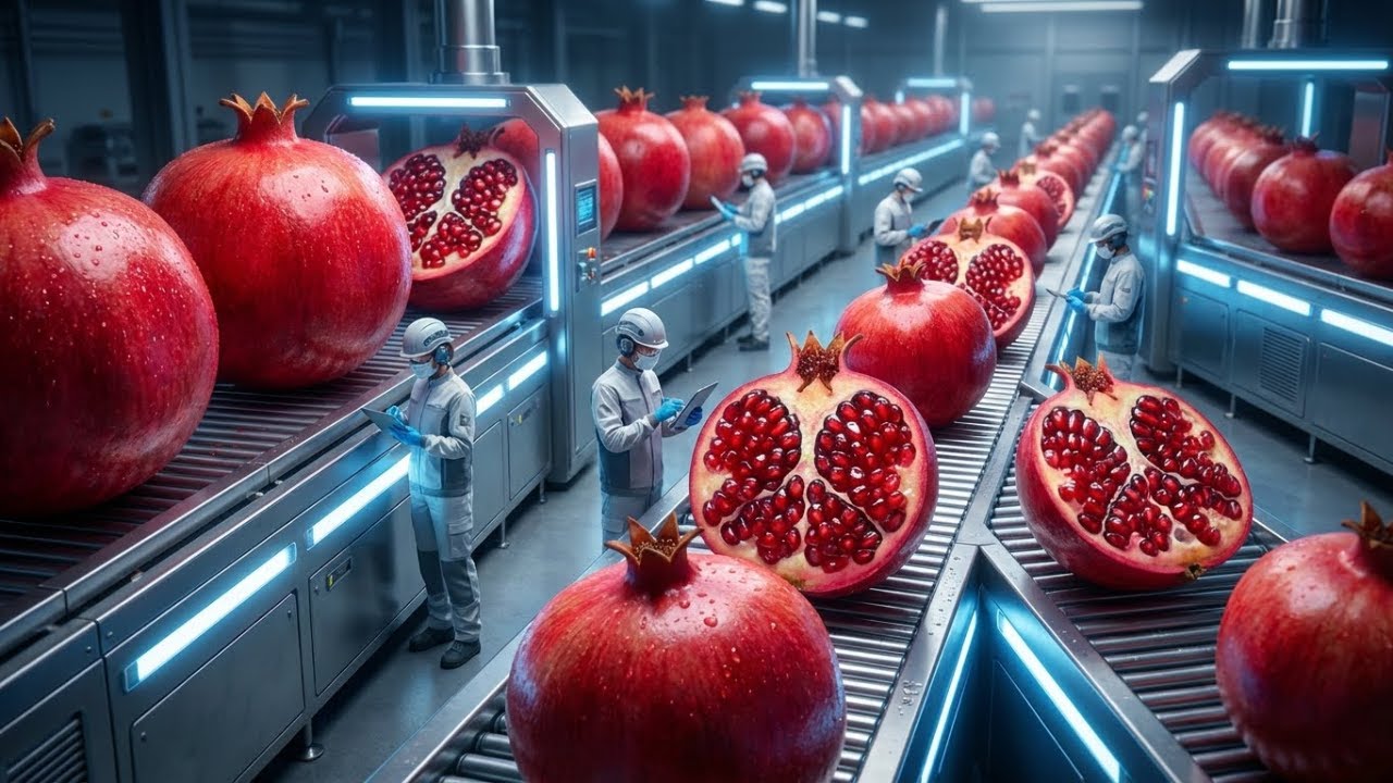 Modern pomegranate factory: from the farm to natural pomegranate juice in the bottle (full process)