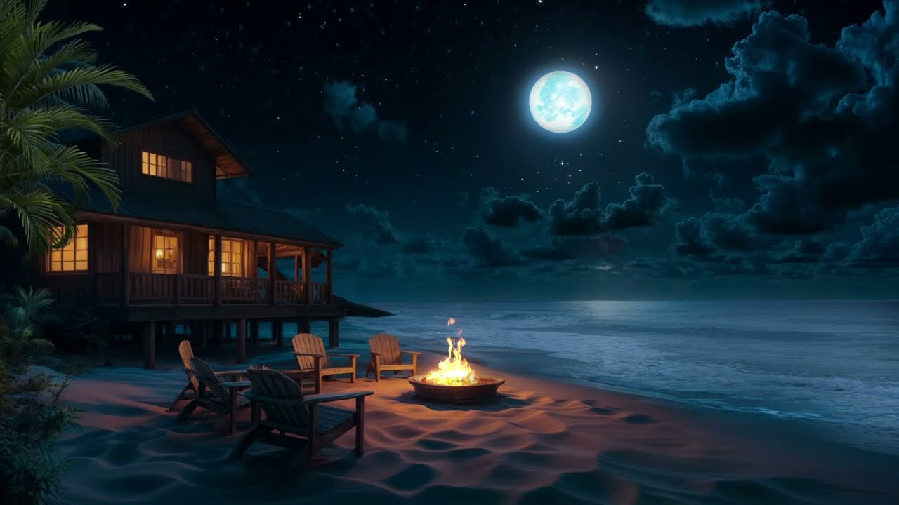 🌌🌴 Tropical Beach Night Ambience | Fire Pit, Moonlight & Calm Sea to Fall Asleep Faster