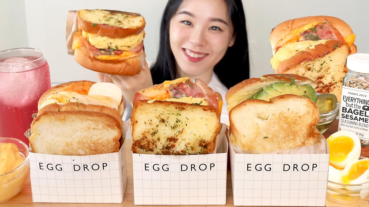 SUB) ASMR Яйцо Капля Бутерброд Мукбанг 🍳 Авокадо Чесночный бекон Шашлык Терияки Бублик Приправа