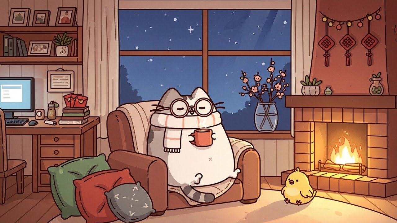 Pusheen’s Peaceful Winter Healing 🌇 Relaxing Jazz for Cozy Evenings ✨ Jazz Aesthetic to Unwind