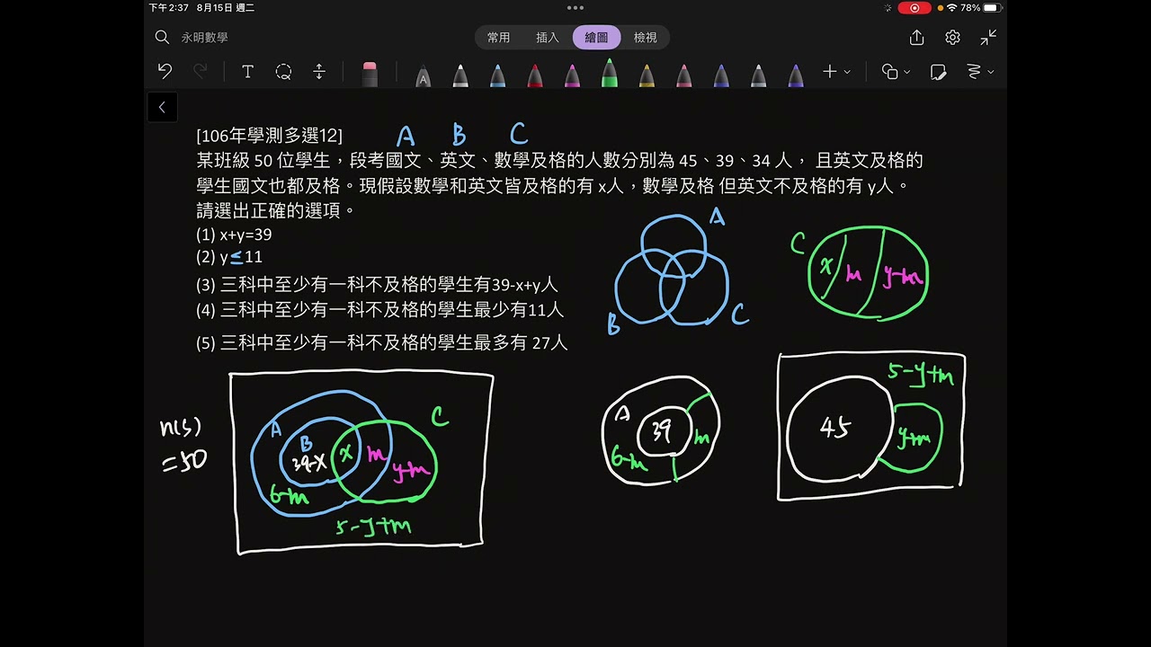 [106年學測多選12]某班級 50 位學生，段考國文、英文、數學及格的人數分別為 45、39、34 人， 且英文及格的學生國文也都及格。現假設數學和英文皆及格的有 x人，數學及格 但英文不及格的有