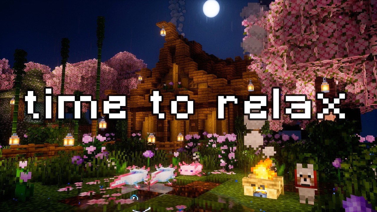8 Hours Minecraft Music + Thunderstorm ⛈️ Sleep, Study, Relax ( minecraft music w / fire & rain )
