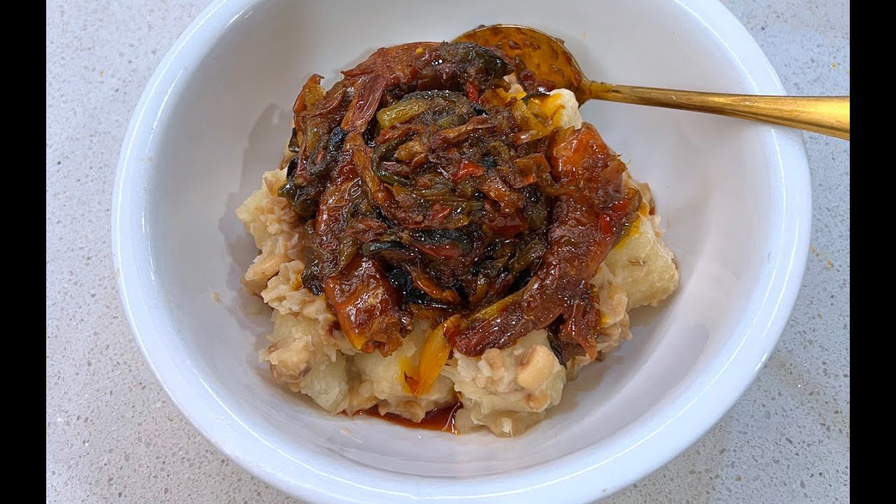 Mashed Beans and Yam with Pepper Sauce