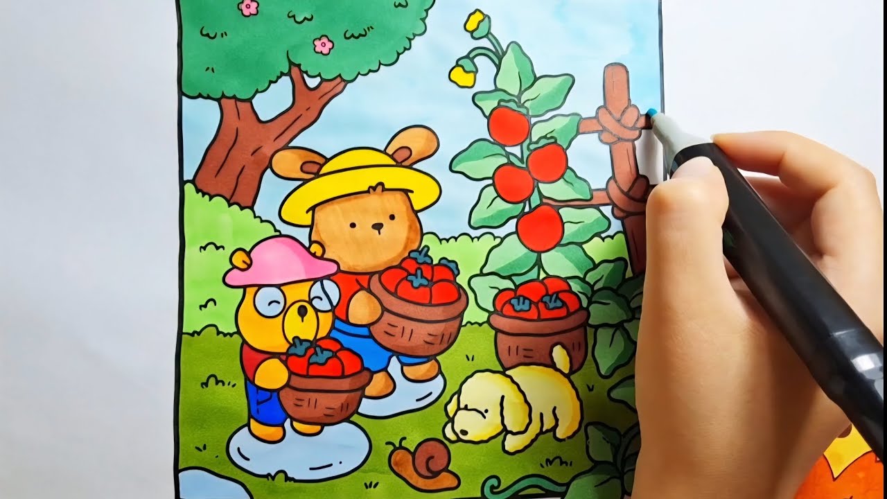 Cozy Harvest Coloring ASMR | Cute Bear Picking Fruits | Relaxing Marker Art
