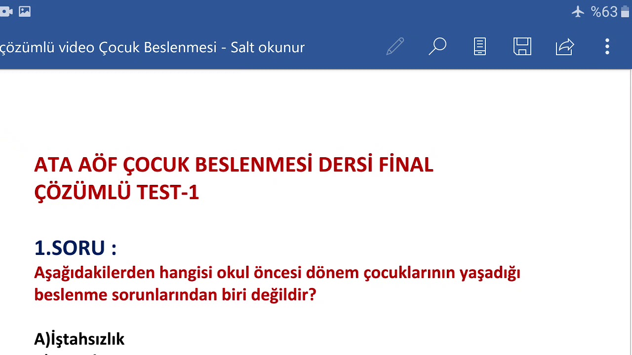 ATA AÖF ÇOCUK BESLENMESİ DERSİ ÇÖZÜMLÜ TEST ÇALIŞMASI-1