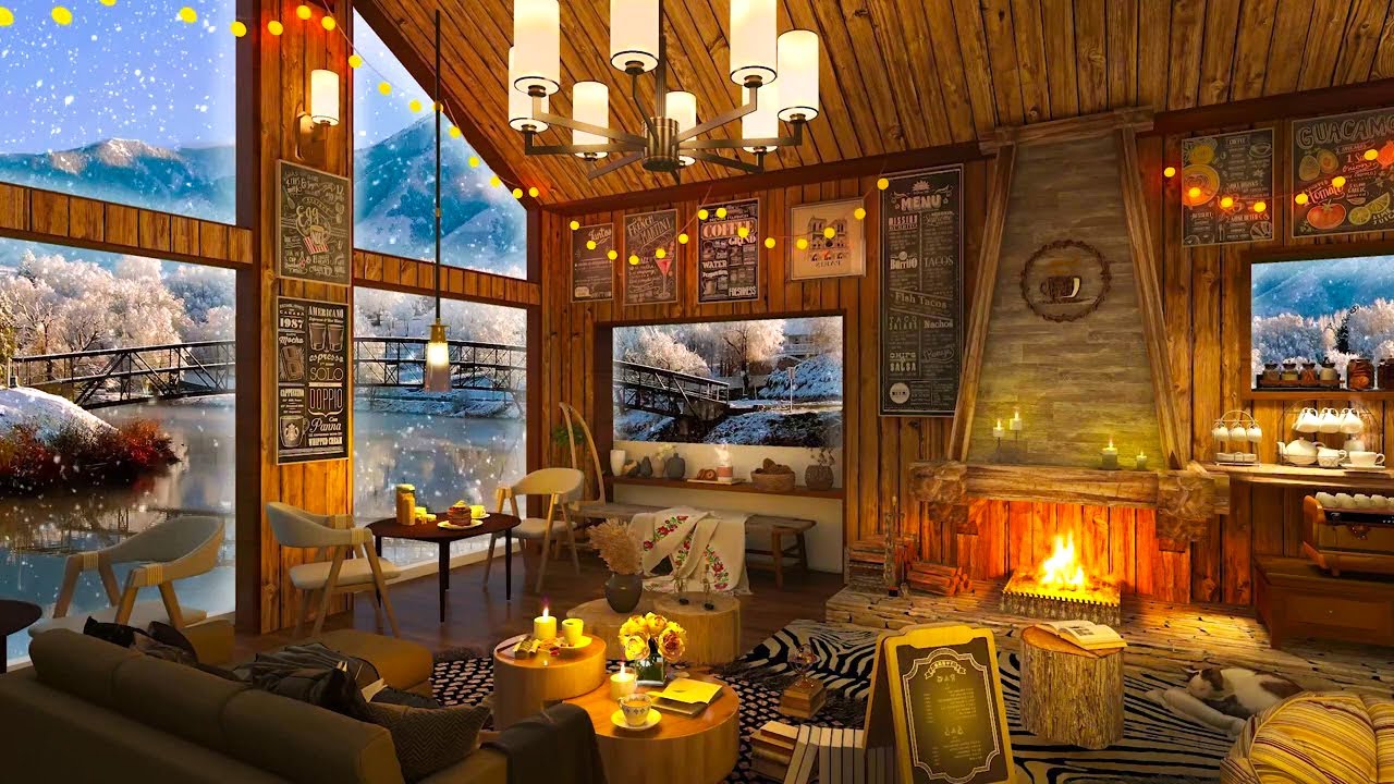 Cozy Winter With Snow Falling Out The Window - Relaxing Sound Of Running Water, Wind And Fireplace