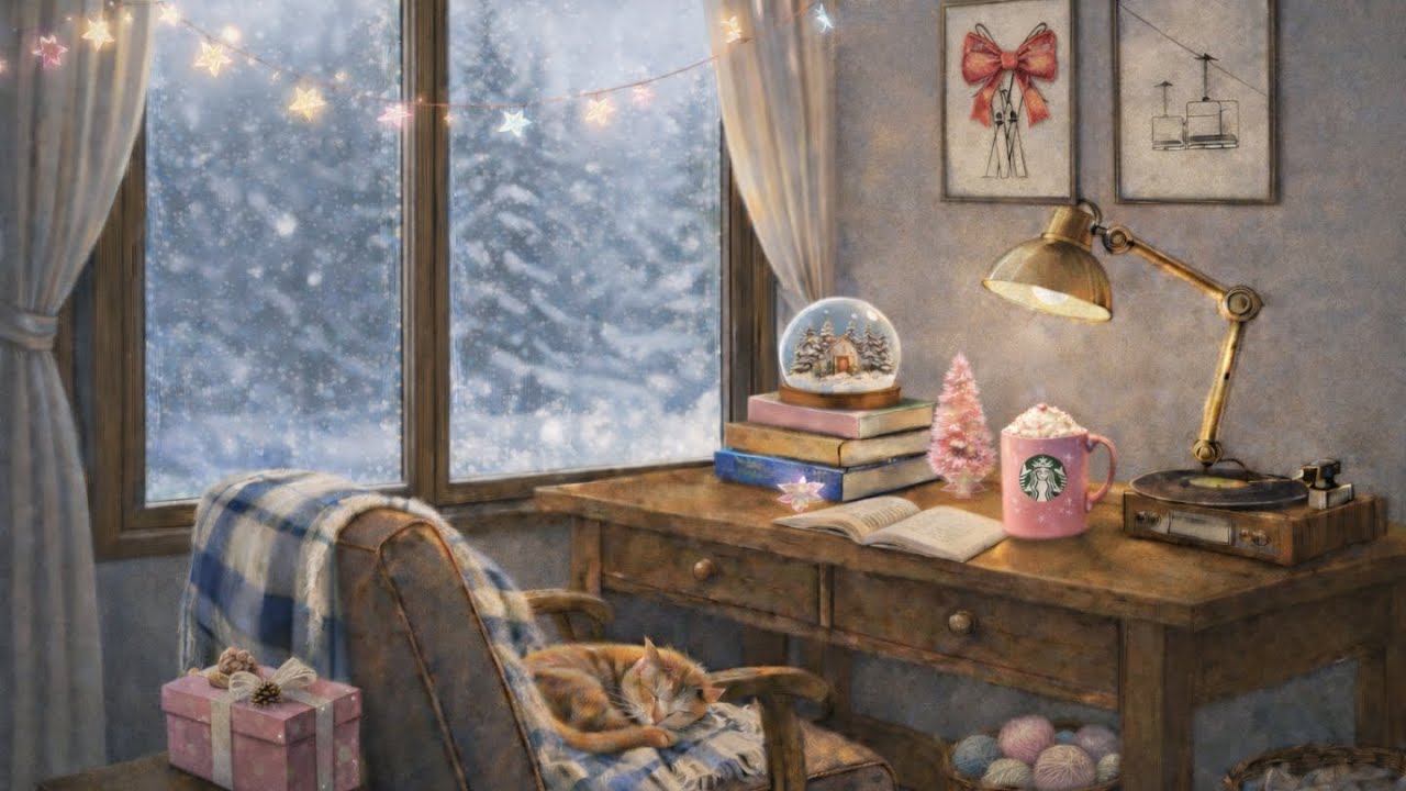 Cozy Winter Ambience ❄️ Whimsical Jazz, Snowy Window & Warm Desk, Uplifting Music | 2 Hours