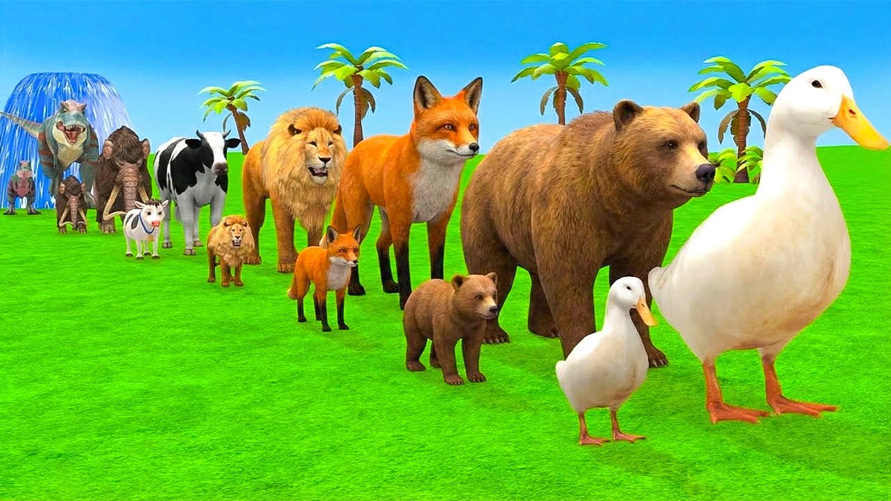 Long Slide Game With Elephant Gorilla Buffalo Hippopotamus Tiger - 3d Animal Game - Funny 3d Animals