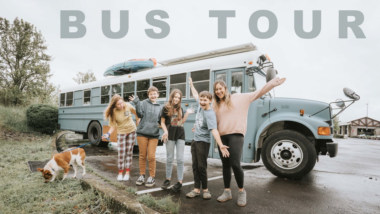 Mom and 4 Kids Live In A Skoolie On The Road Full Time! - BUS TOUR