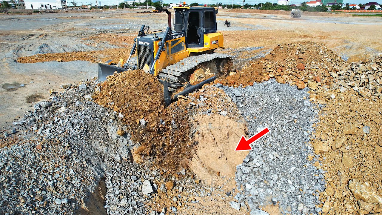 Wonderful SHANTUI DH17 C3 Bulldozer Clearing Soils Filling Pit With Heavy Dump Truck Loading Soils 