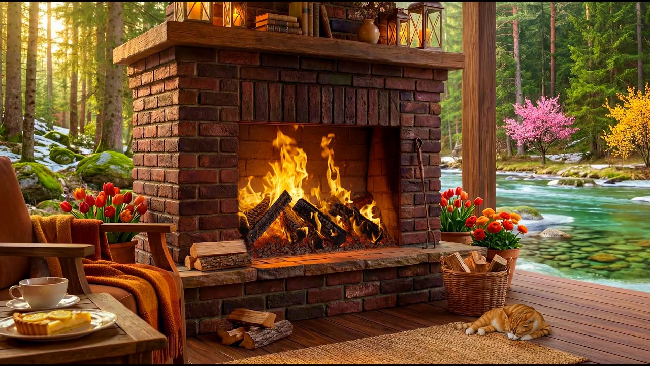 Quiet Cabin Fireplace beside a Forest River 🌸🔥 Calm Nature Sounds for Relaxation