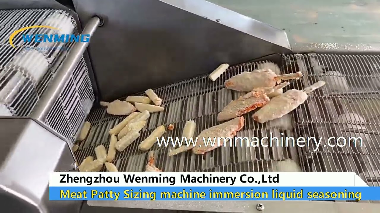 patty making machine step 2 submerged liquid seasoning setp 3 submerged solid seasoning