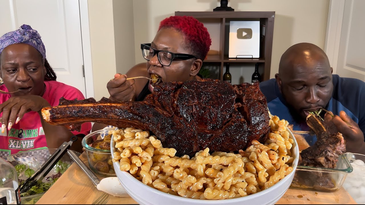 HUGE JERK TOMAHAWK STEAK AND RASTA PASTA| GIFTS UNBOXING INCLUDED AT THE END| MUKBANG EATING SHOW!!