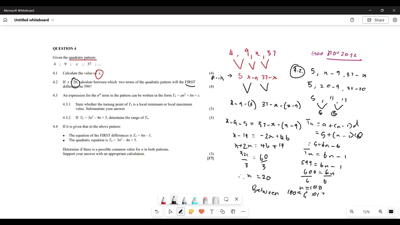 QUADRATIC PATTERN GRADE 11 | EXAM QUESTION NOV 2022 GAUTENG| NUMBER PATTERNS