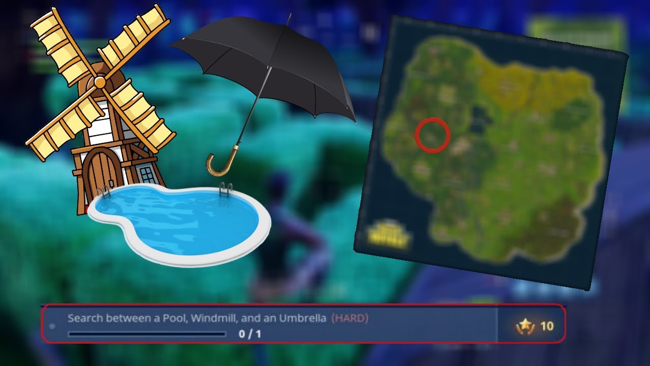 FORTNITE NEW CHALLENGE SEARCH BETWEEN UMBRELLA, POOL, AND WINDMILL