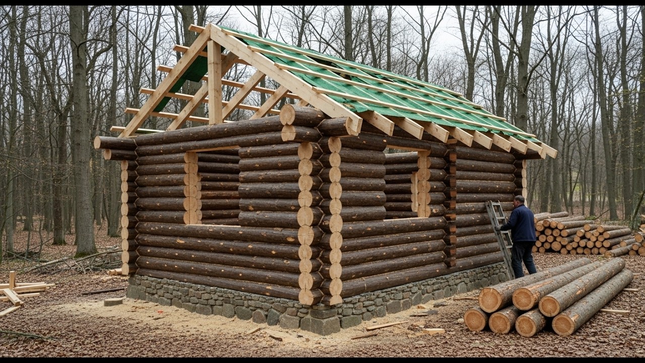 An Elderly Couple Builds a Snow-Resistant Log Cabin in the Forest