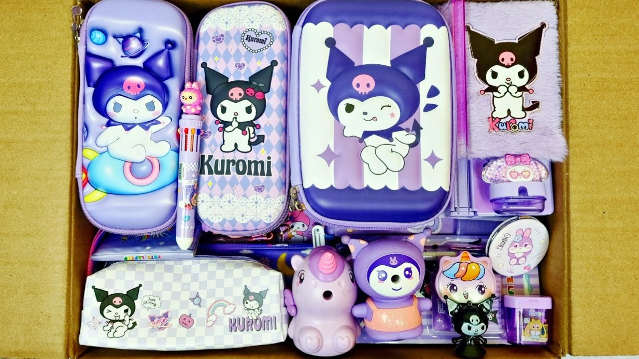 Unboxing New Purple Stationery - Kuromi Pencil Box, Piggy bank, Pouch, Pen, Eraser, Unicorn Sharpner