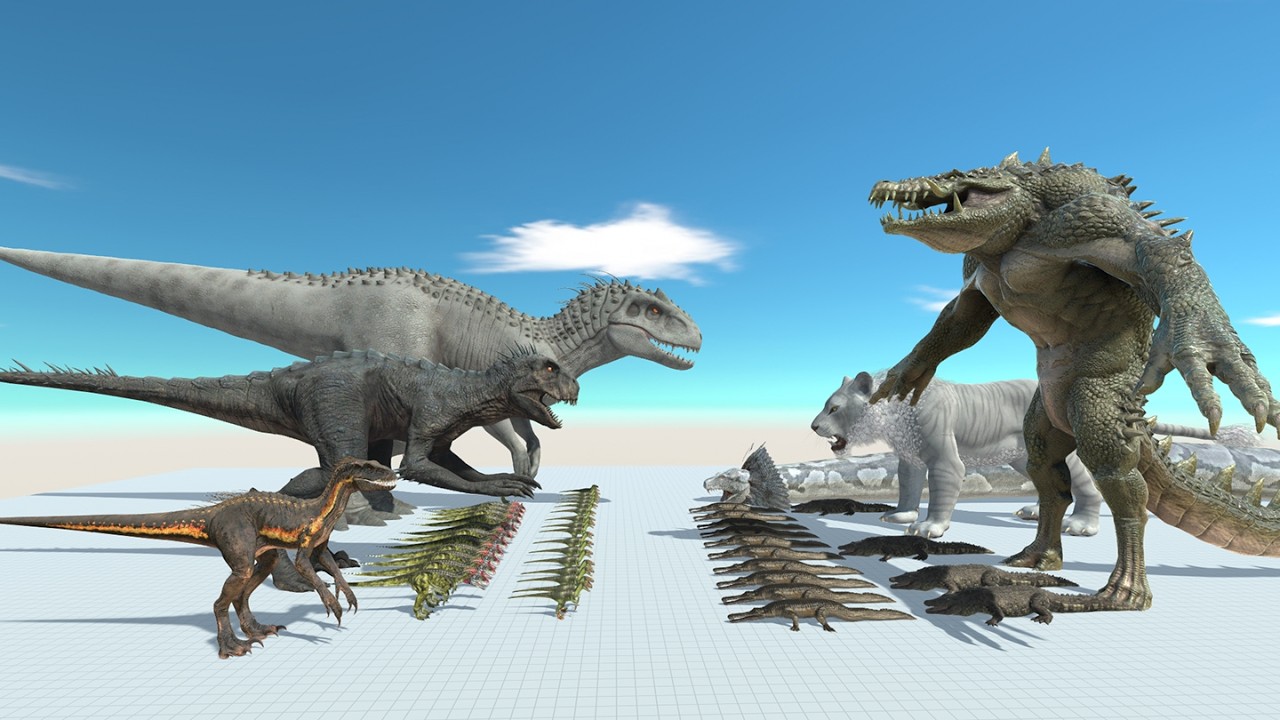 Dinosaur Battle Indominus Rex, Scorpius Rex, Indoraptor VS Titanoboa, Tiger, Crocodile in ARBS