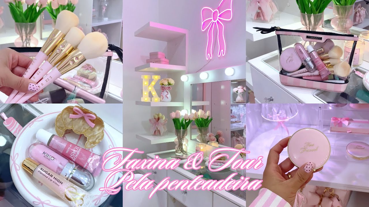Faxina e tour pela penteadeira 🎀 organização asmr, organizando maquiagem e skincare .