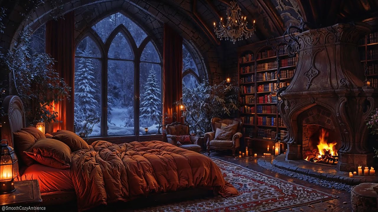 Castle Badroom Ambience With Fireplace Wind Sounds For Sleep 10 Hours